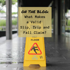 Image of slippery when wet sign, and what makes a valid slip and trip fall claim post it note